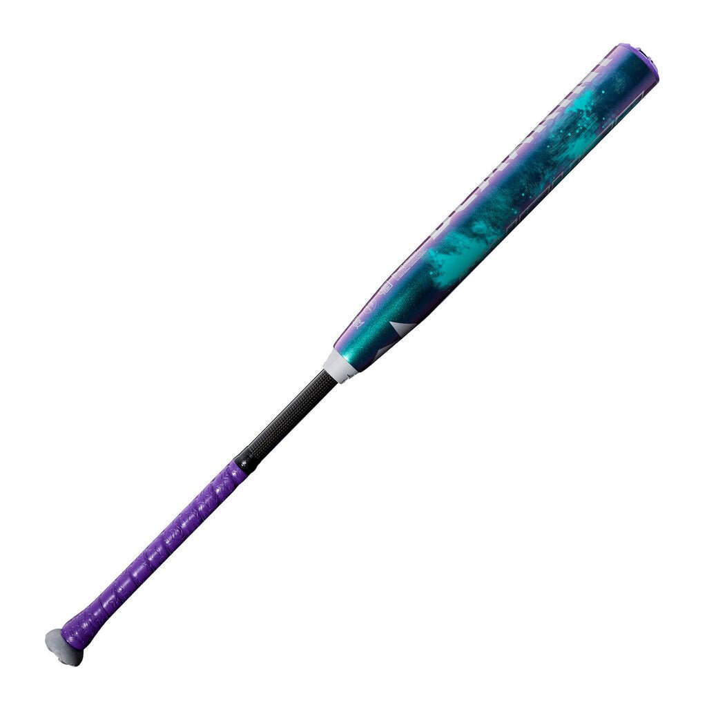 Fastpitch softball bat showing teal-to-purple barrel swirl pattern and black grip
