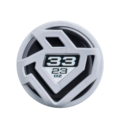 Softball bat end cap with gray and black design, '33' and '23 oz' label