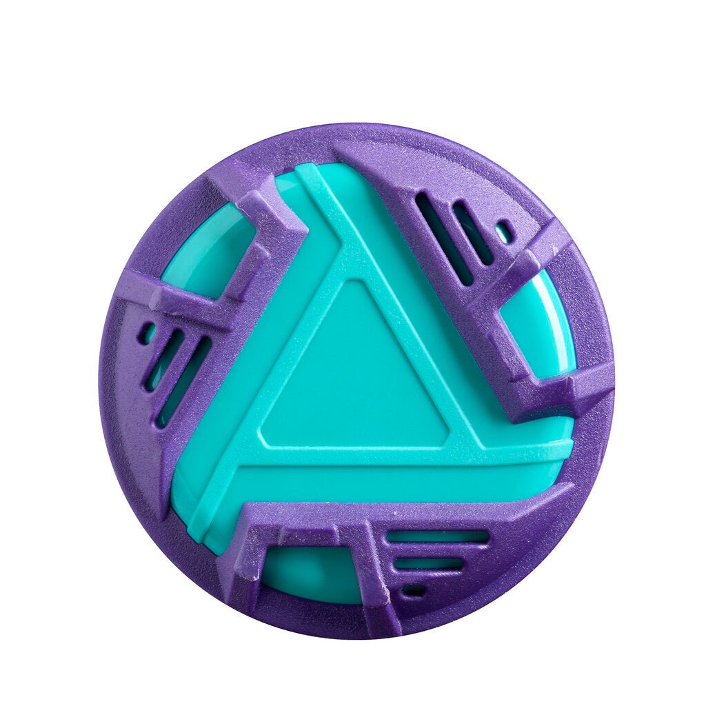 Softball bat end cap with purple outer ring and teal internal weight accents