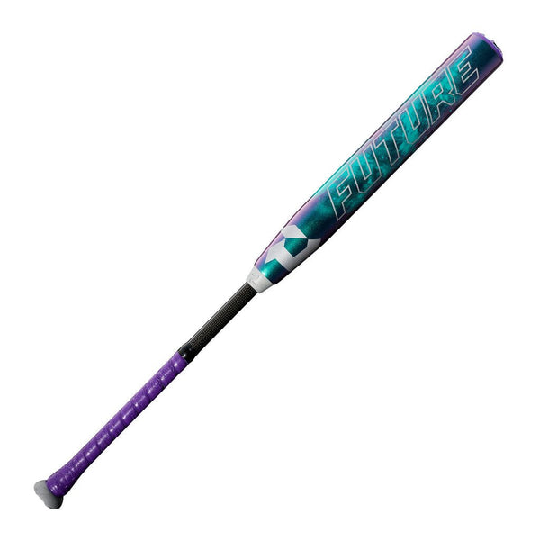 DeMarini Future fastpitch softball bat, purple teal barrel with black grip and handle