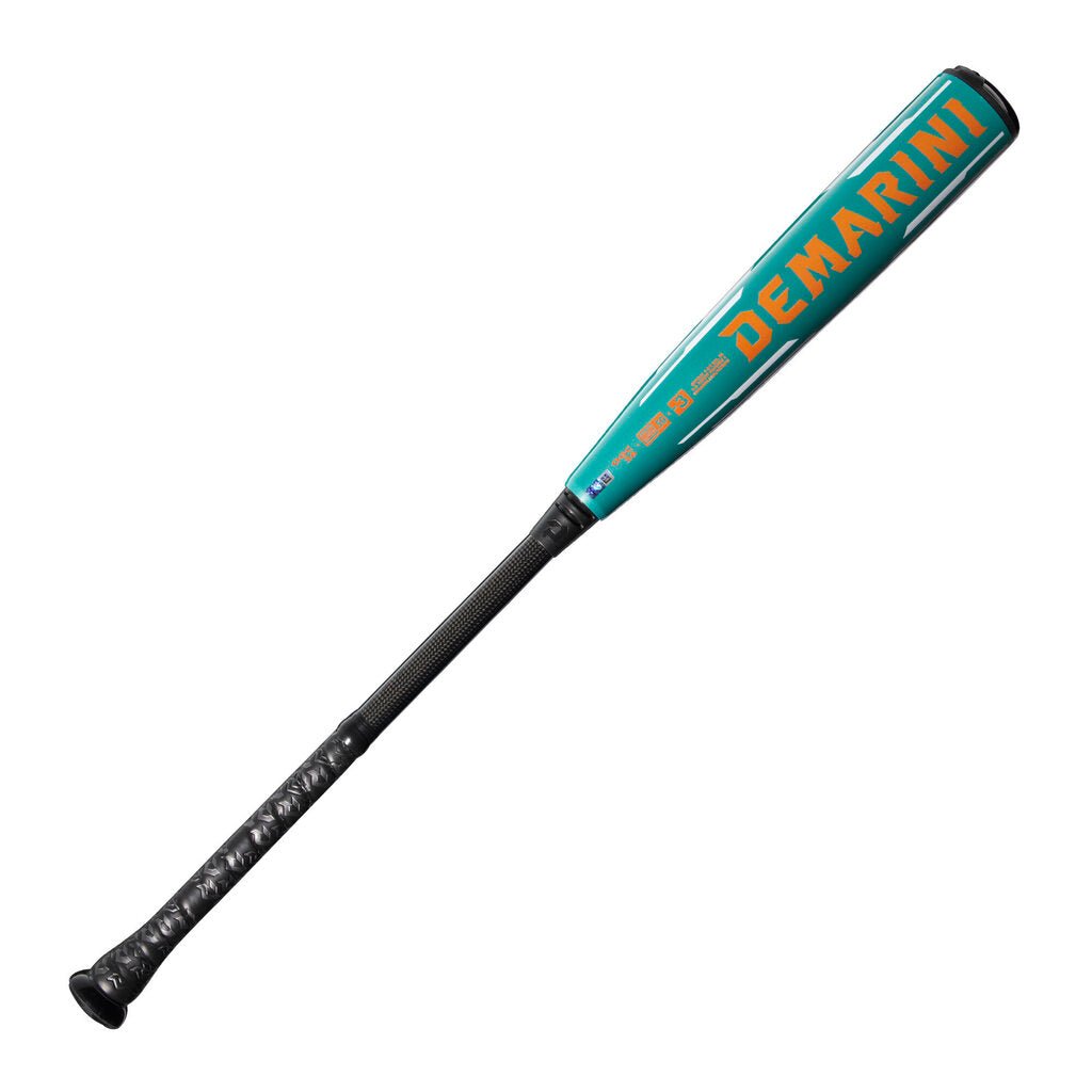 DeMarini Omega BBCOR green baseball bat with black handle and barrel