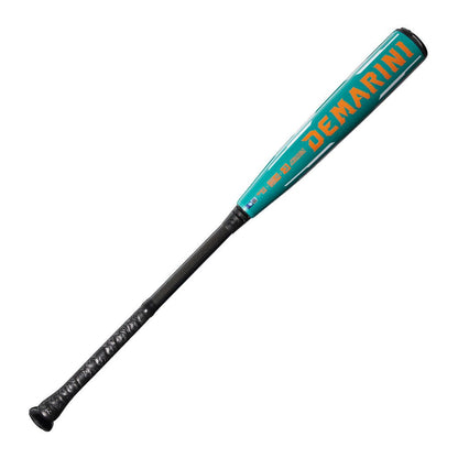DeMarini Omega BBCOR green baseball bat with black handle and barrel