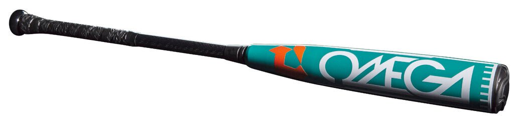 DeMarini Omega BBCOR green baseball bat with “OMEGA” logo on barrel