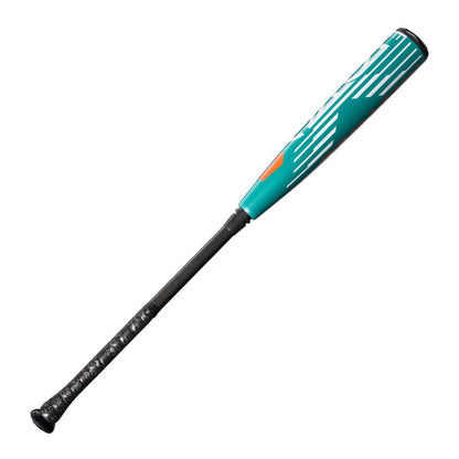 Teal and black baseball bat with striped barrel graphics and black knob end