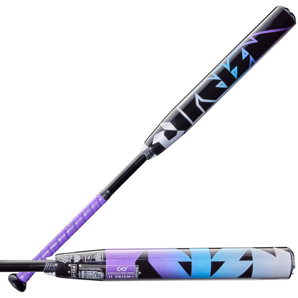 Demarini Prism+ FE fastpitch softball bat, black/purple with purple grip, -11