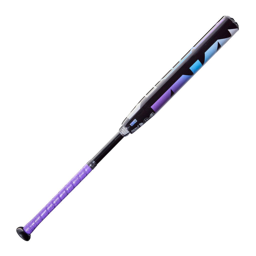 Fastpitch softball bat with purple grip and black barrel, blue geometric pattern