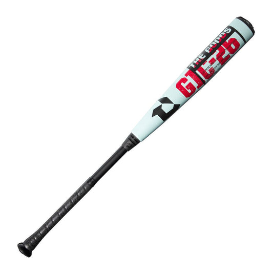 Light blue baseball bat with red/black graphics and black handle end cap