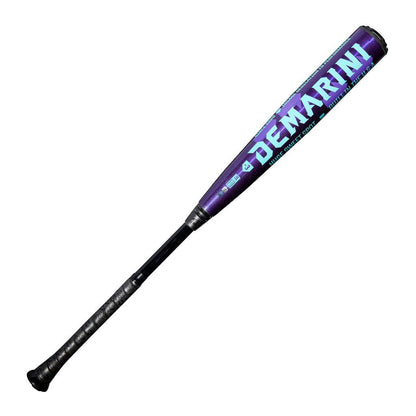 Royal purple Demarini baseball bat with teal accents and black end cap