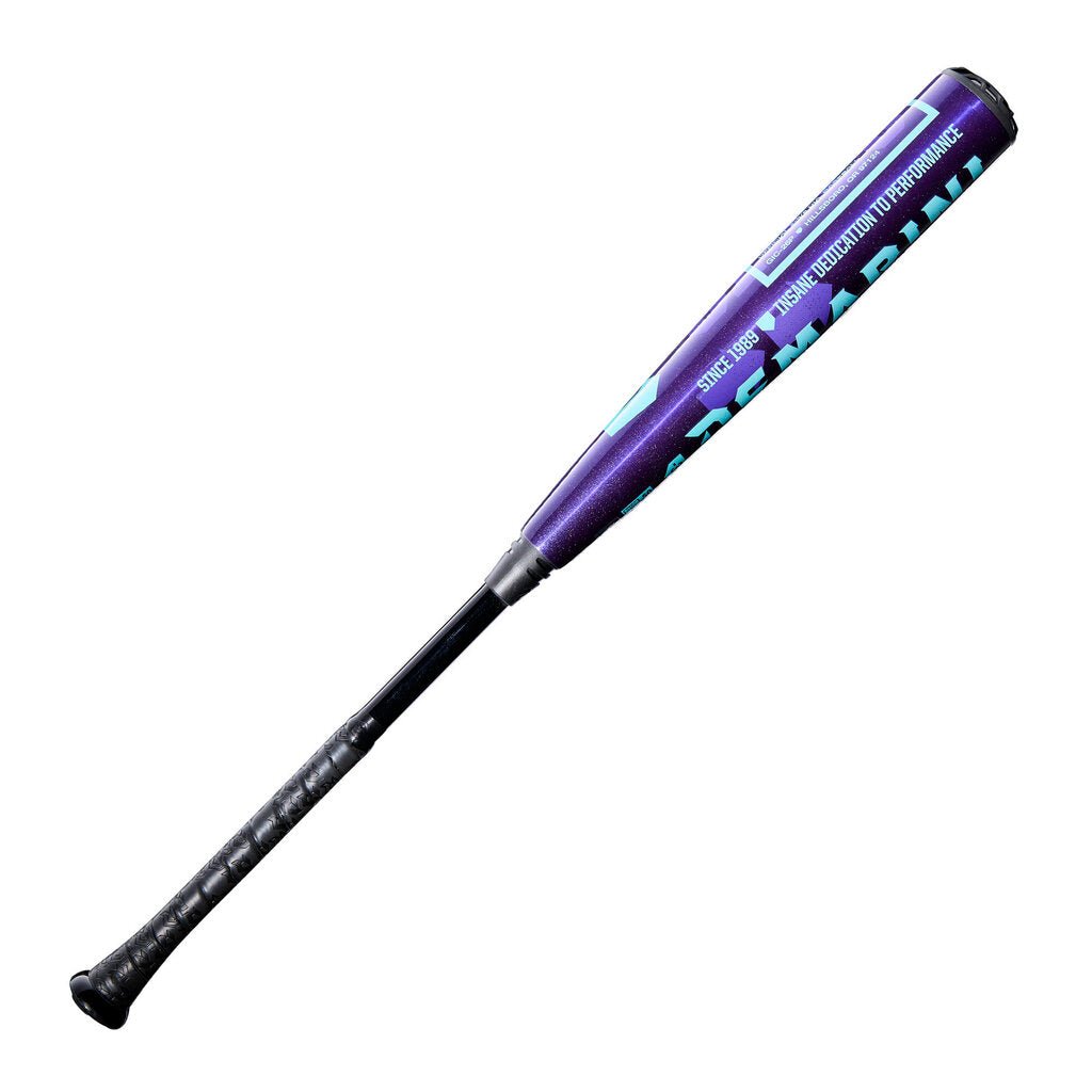 Royal purple baseball bat barrel with teal graphics and black grip