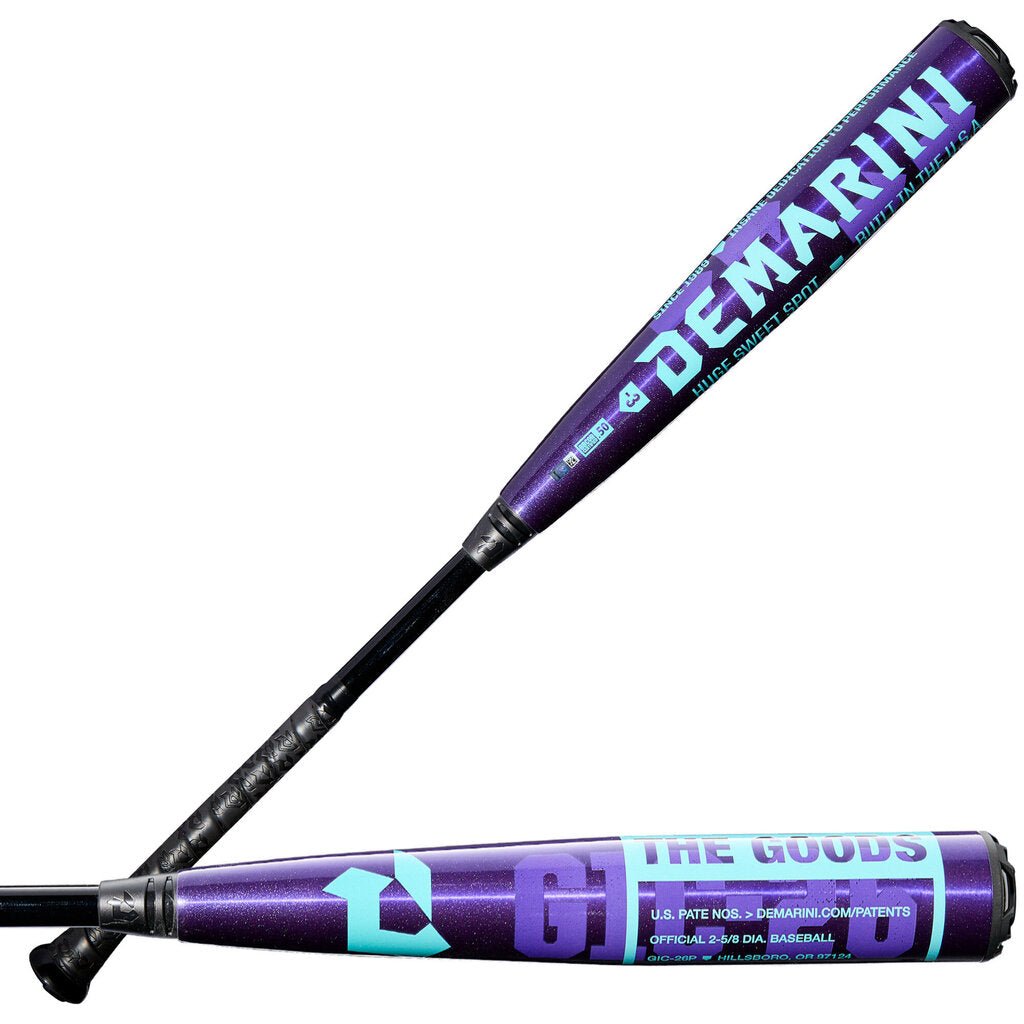 Purple baseball bat barrel with large Demarini text and black end cap