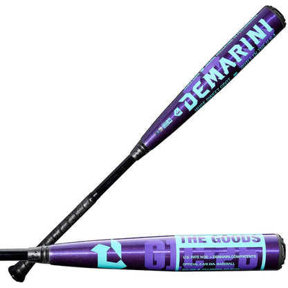 Purple baseball bat barrel with large Demarini text and black end cap