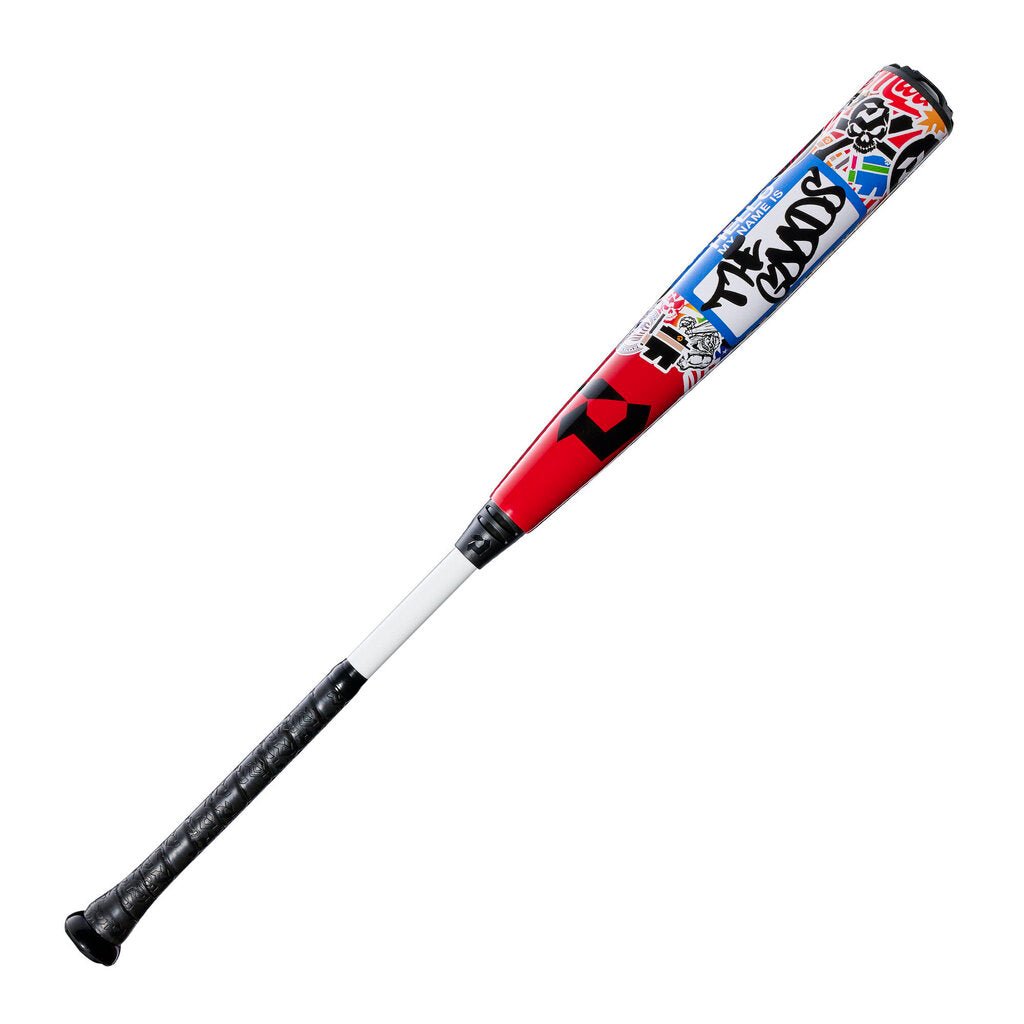 Baseball bat with sticker-bomb graphics, red handle, white barrel, black grip end