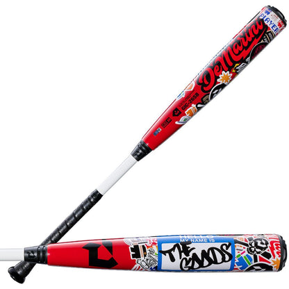 Sticker bomb BBCOR baseball bat shown side-on with red, white, and black graphics
