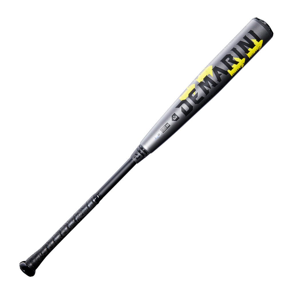 Gunmetal Demarini BBCOR two-piece baseball bat, barrel-to-grip angle