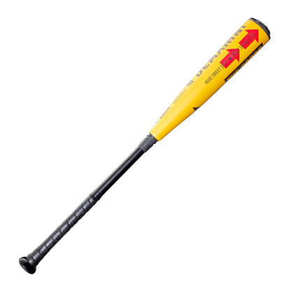 Yellow -10 USA baseball bat with black handle and red label on barrel
