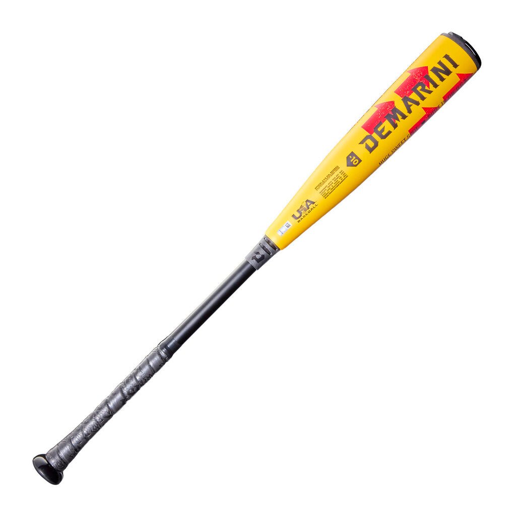Yellow -10 USA baseball bat with black handle and red Demarini graphics