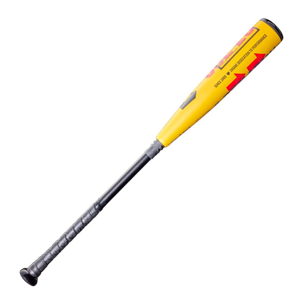 Yellow and black -10 USA baseball bat angled view of barrel and grip