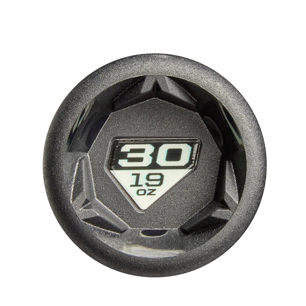 Baseball bat handle end plug with “30 19 02” marking on dark grip
