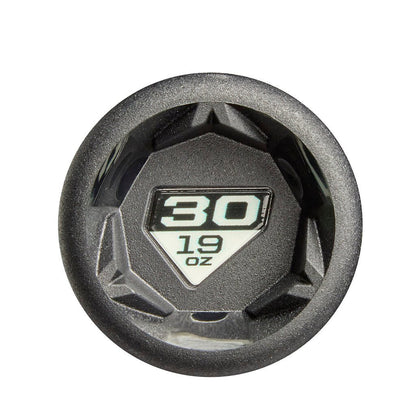 Baseball bat handle end plug with “30 19 02” marking on dark grip