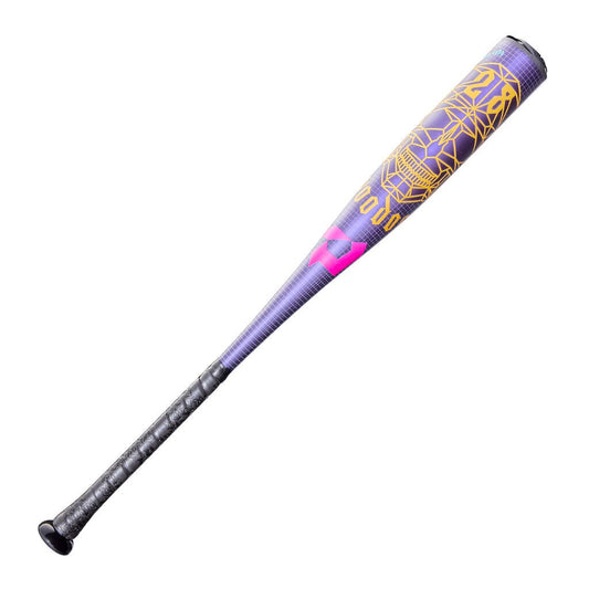 Purple DeMarini Voodoo One -11 baseball bat with grip and barrel graphics