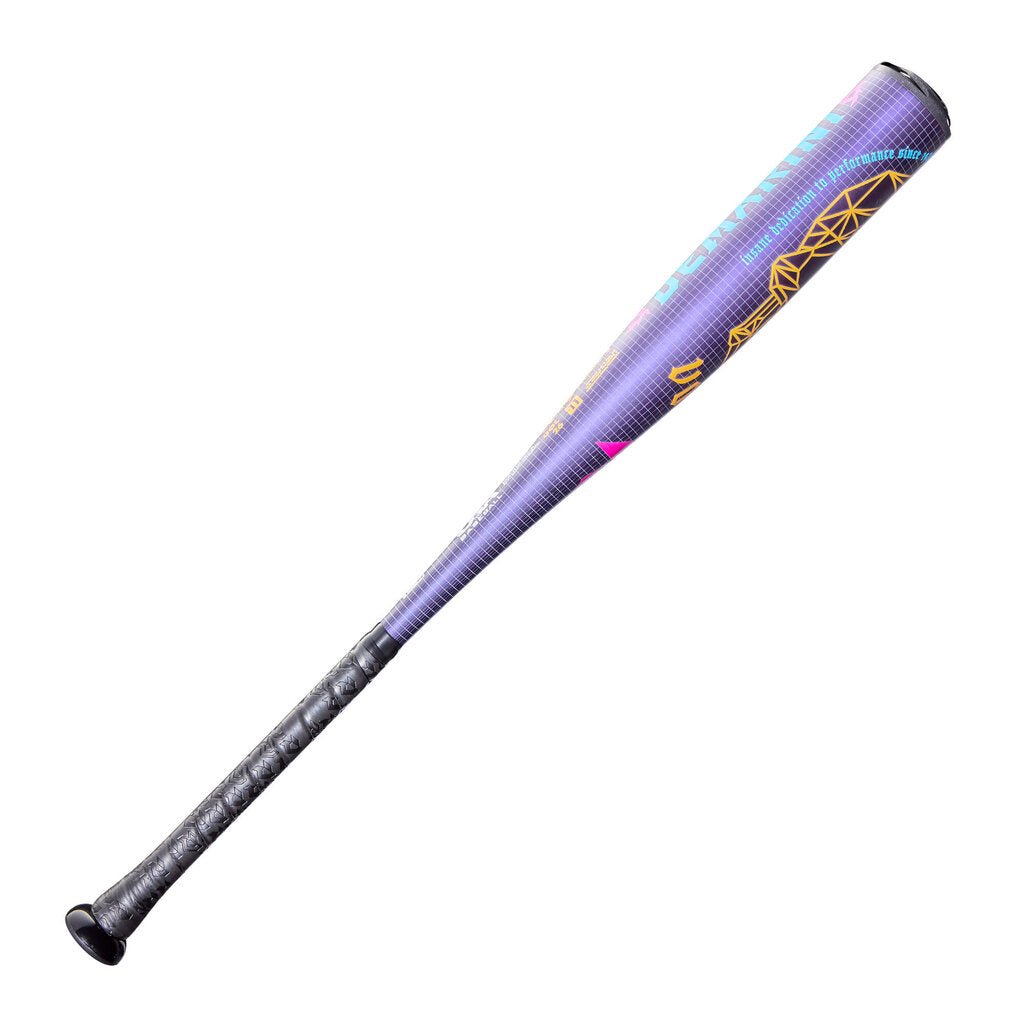Purple -11 USA baseball bat with blue-and-gold patterned design near barrel