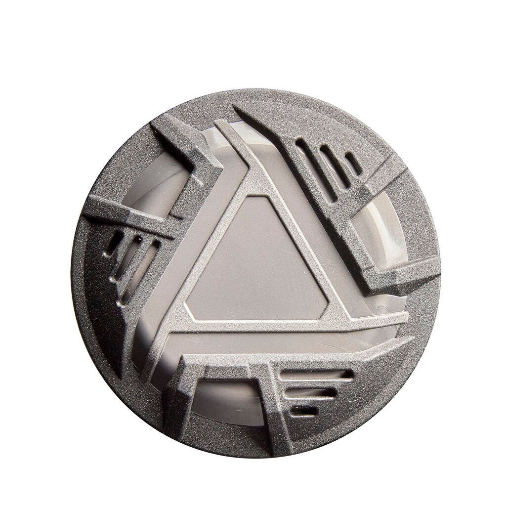 Baseball bat end cap detail with gray and black molded pattern