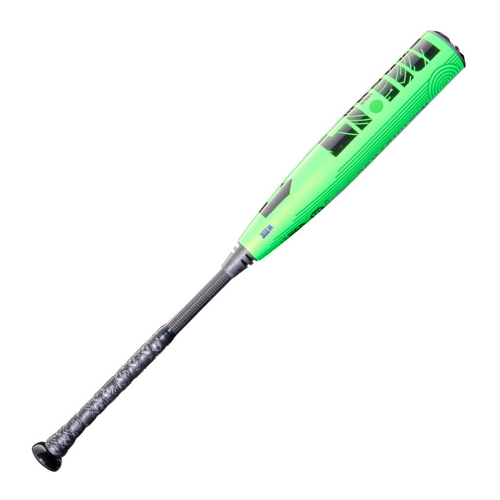 Baseball bat with green barrel and speckled black grip, side view
