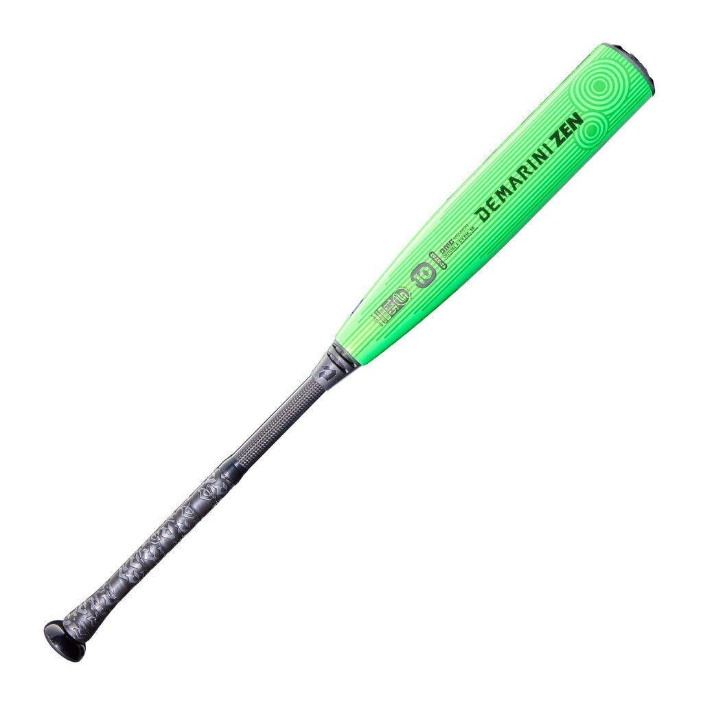 Baseball bat with bright green barrel and black composite handle, angled