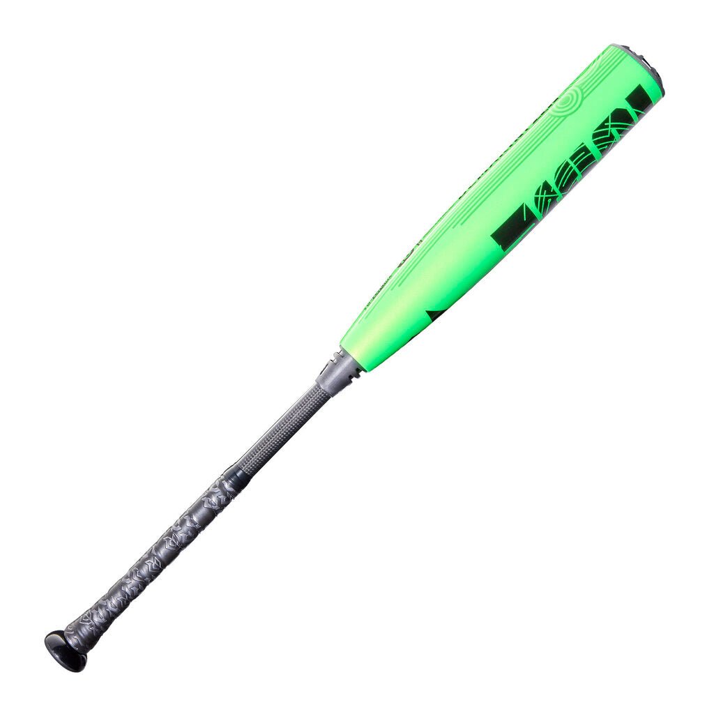 Green and black baseball bat with gray handle wrap and black knob end