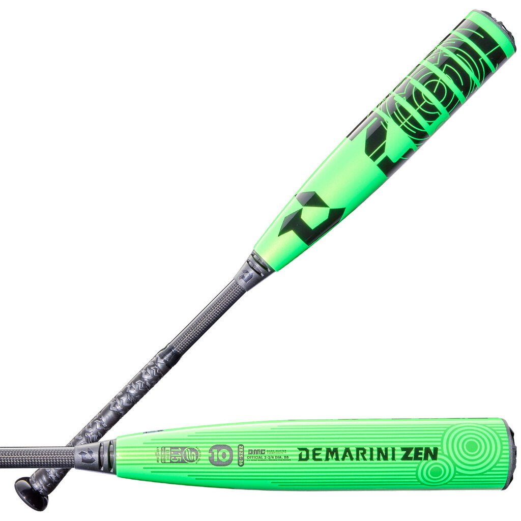 Green and black baseball bat with “Demarini Zen” grip area and knob end