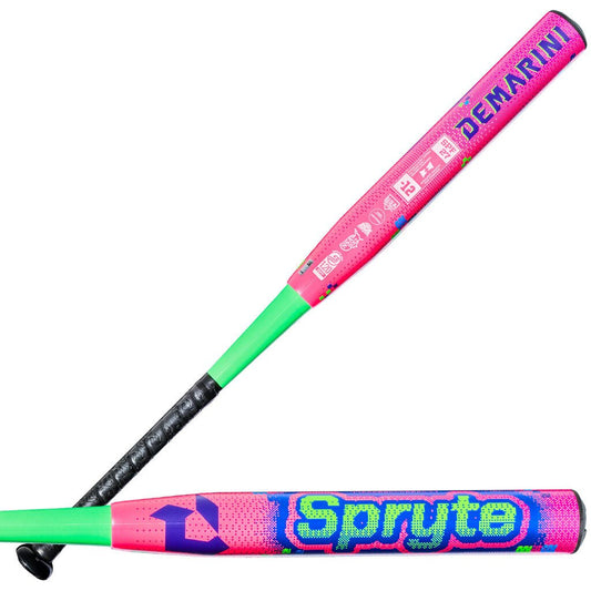 Fastpitch softball bat with pink barrel, green handle, black end cap and grip