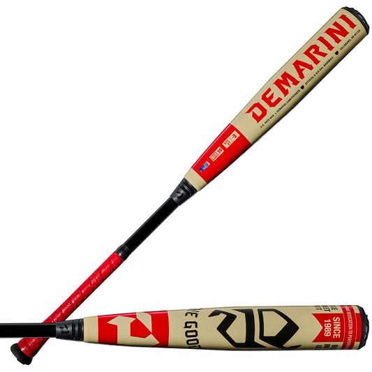 Two-piece DeMarini baseball bat with red-and-tan graphics and black grip