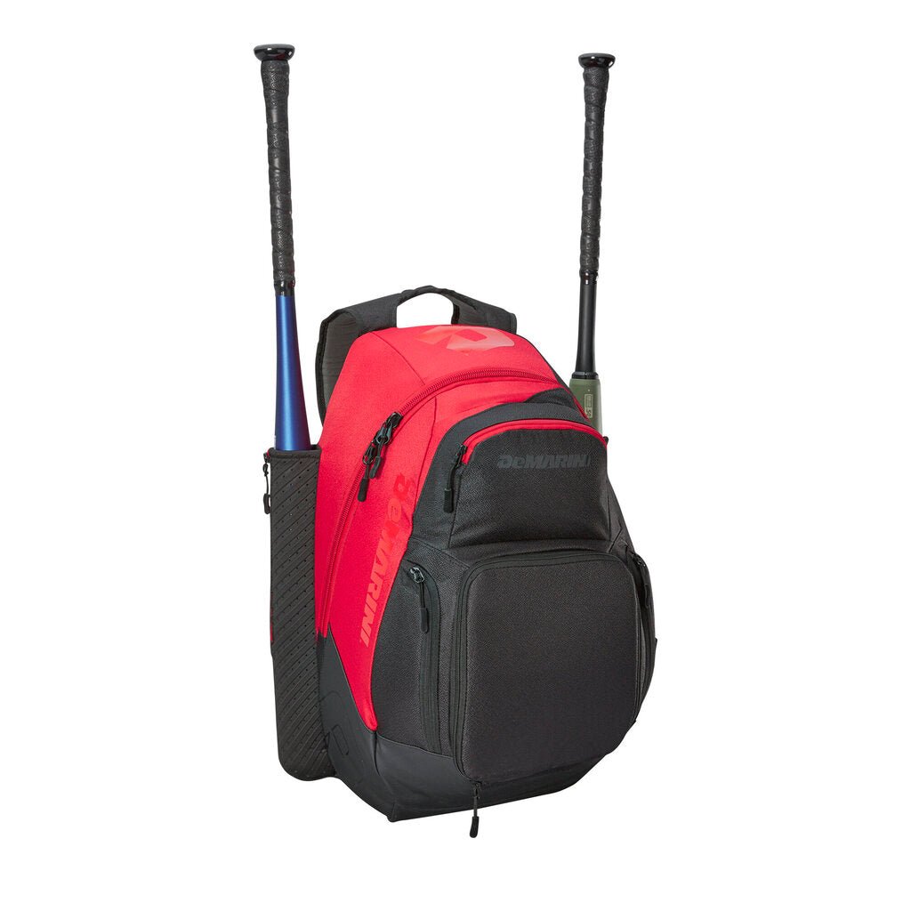 Red and black backpack bat bag with two bat sleeves and front zip pocket