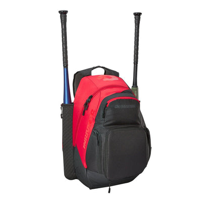 Red and black backpack bat bag with two bat sleeves and front zip pocket