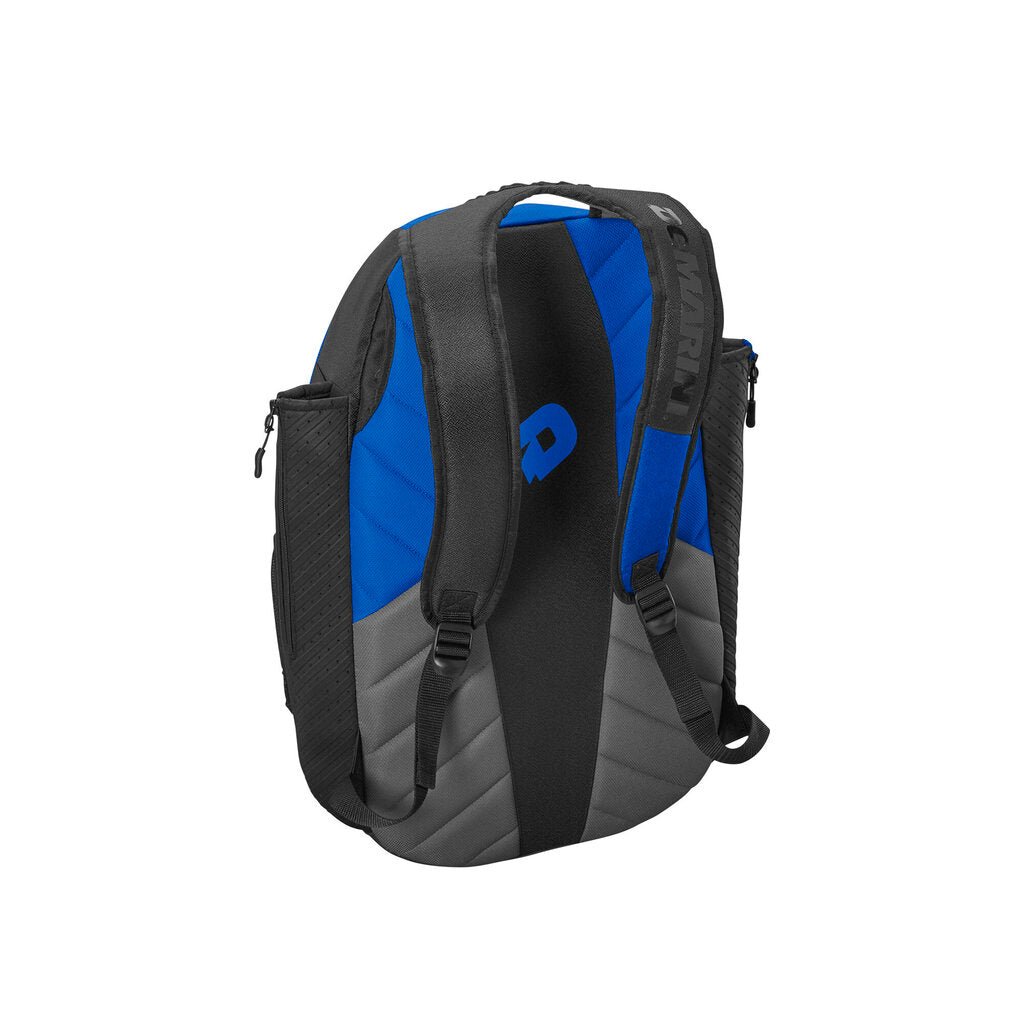 Baseball bat backpack with black and gray base, blue accent panels, and padded adjustable straps