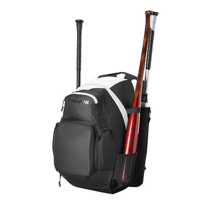 White and black bat bag backpack holding a baseball bat, with front zip pockets