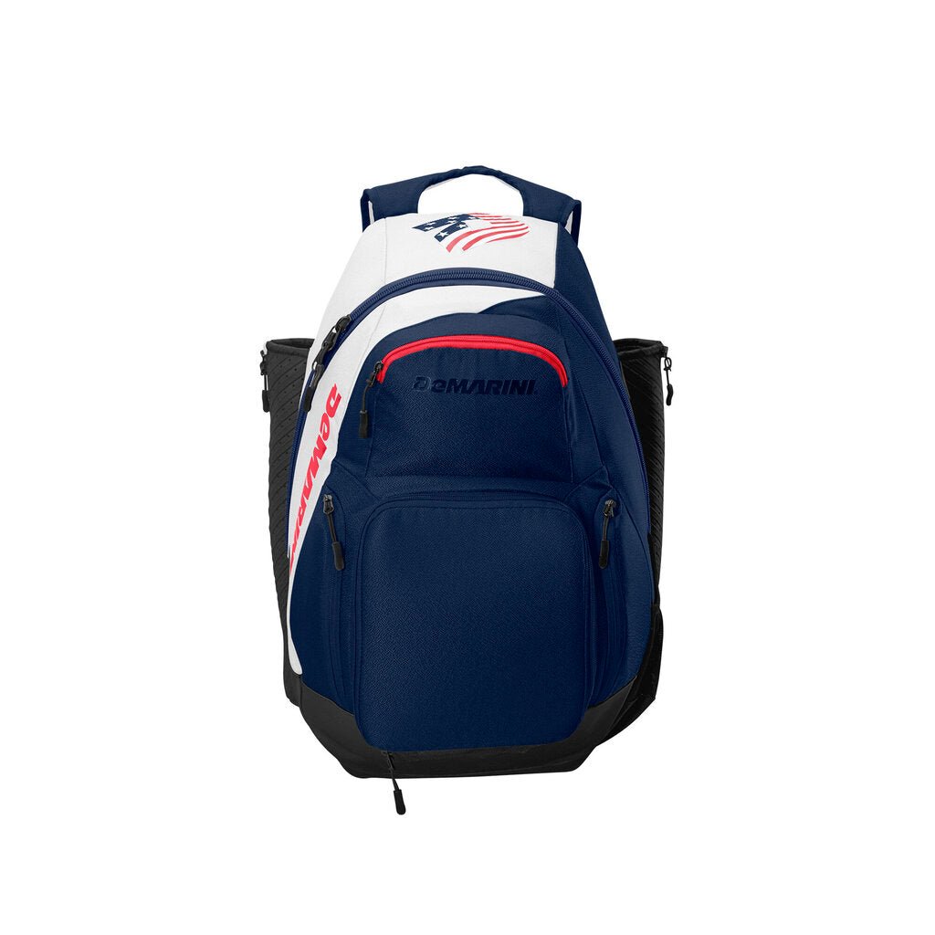 Navy and white backpack bat bag with front zip compartments