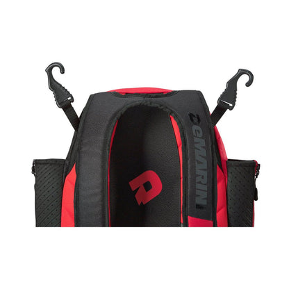 Baseball bat backpack with padded bat sleeve, red and black, top strap attachments