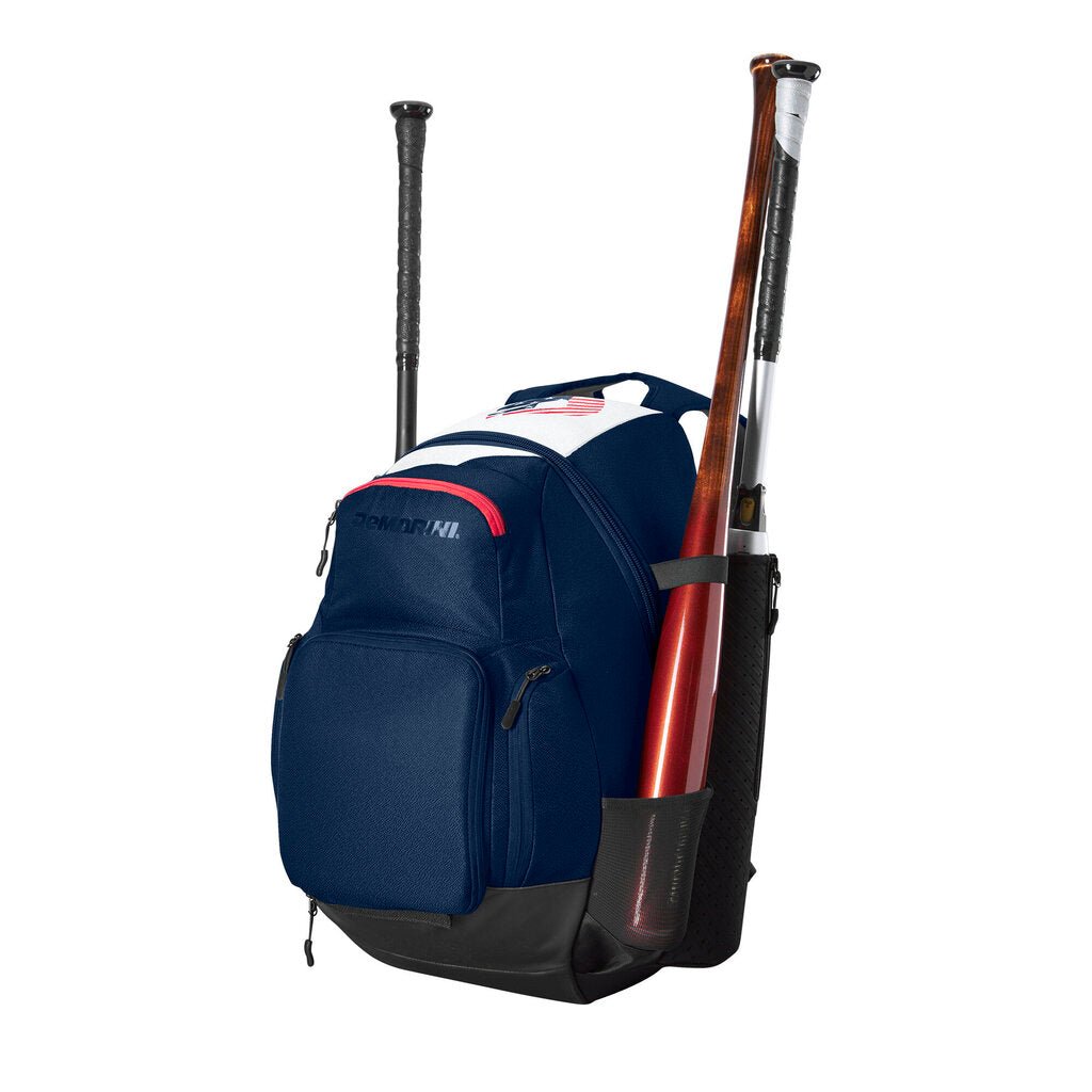 Baseball bat backpack in blue and black with a red bat in the side holder and zip pockets