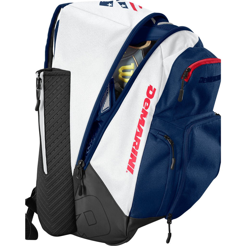Baseball bat backpack with zip pocket, blue and white panels with red accents