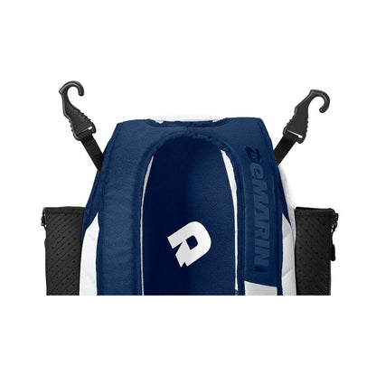 Baseball bat backpack with padded sleeve, blue and white, front opening and straps