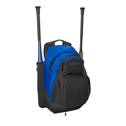 Baseball bat backpack with bat holders, blue and black, front zip compartments