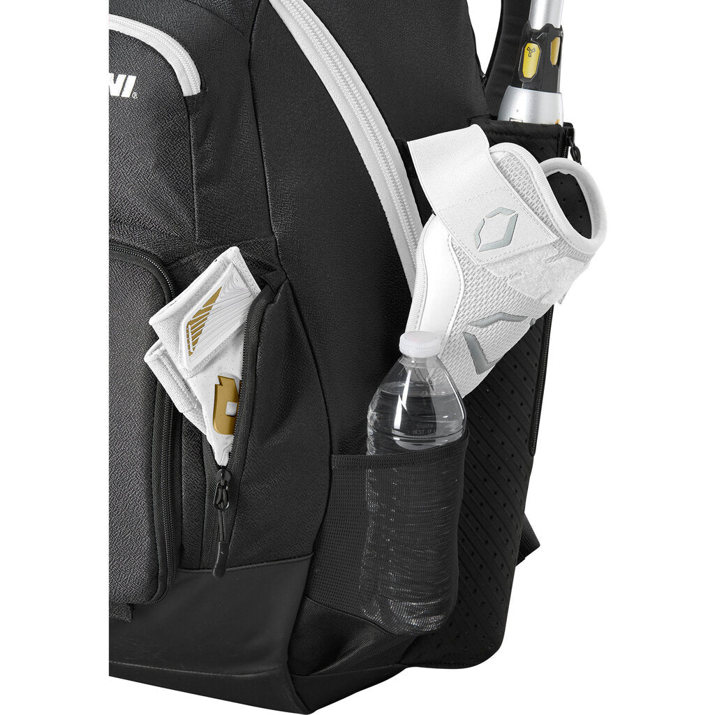 Black bat backpack with side storage pockets and adjustable straps; bottle sleeve visible