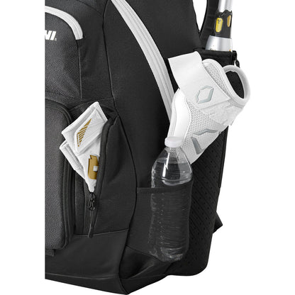 Black bat backpack with side storage pockets and adjustable straps; bottle sleeve visible