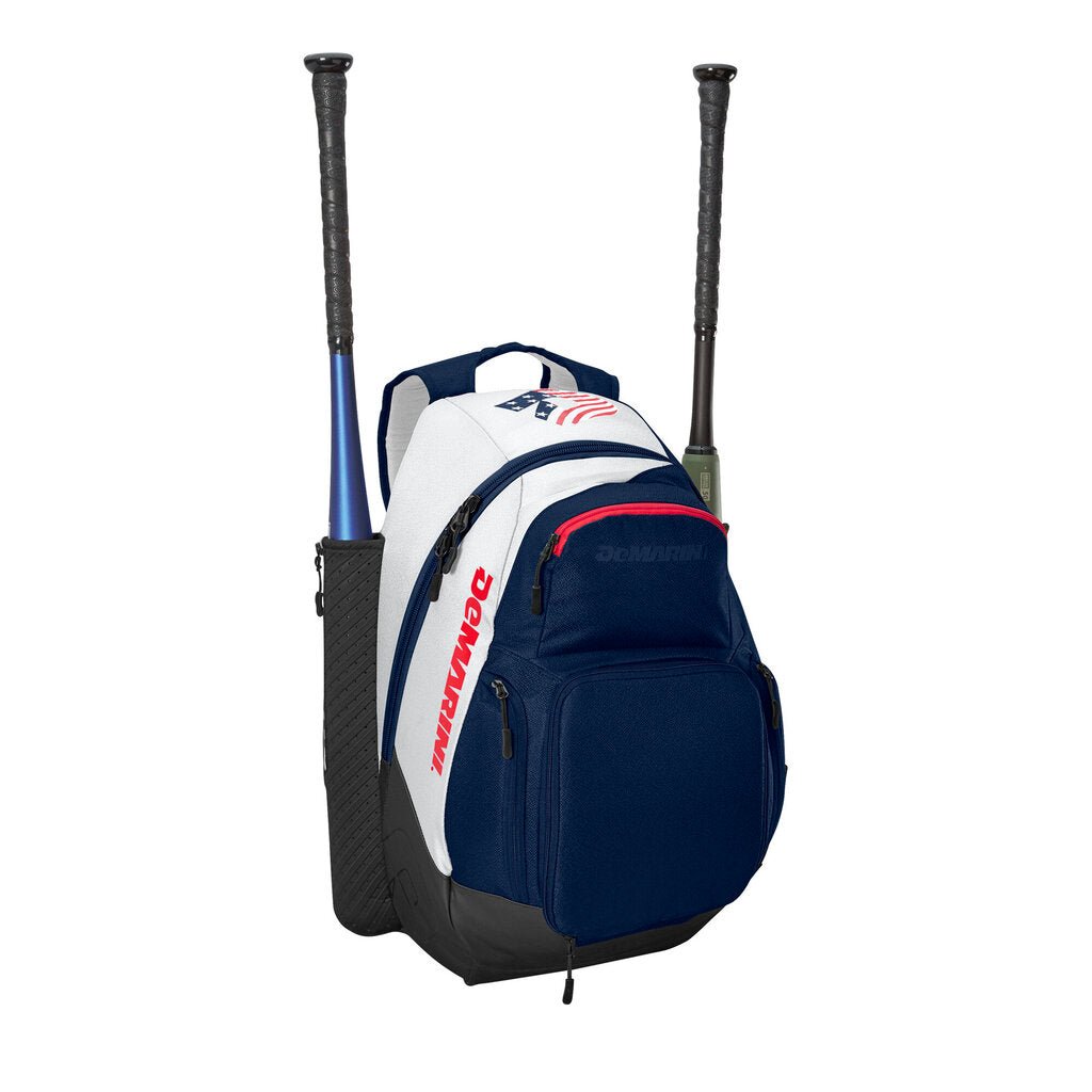 Navy and white backpack bat bag with two bat sleeves and side straps