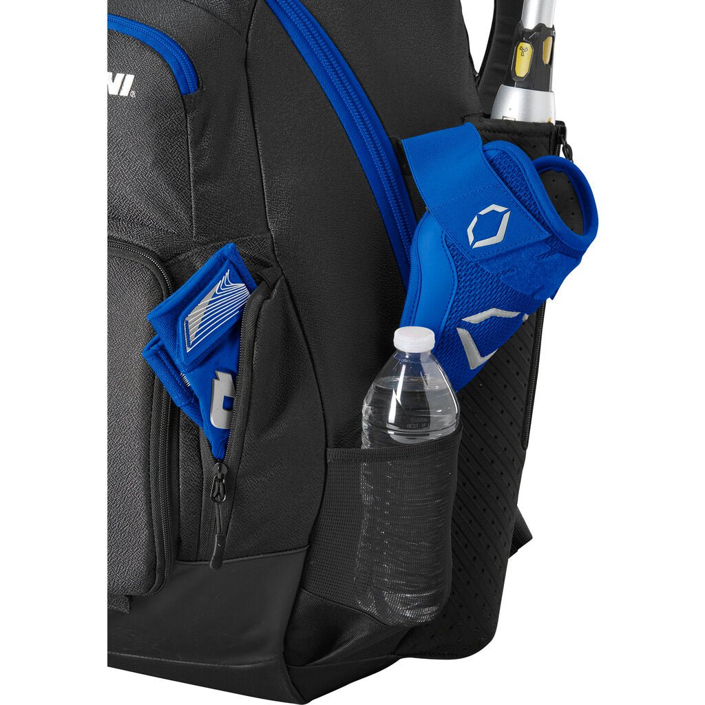 Black backpack bat bag with blue padded sleeves and water bottle pocket