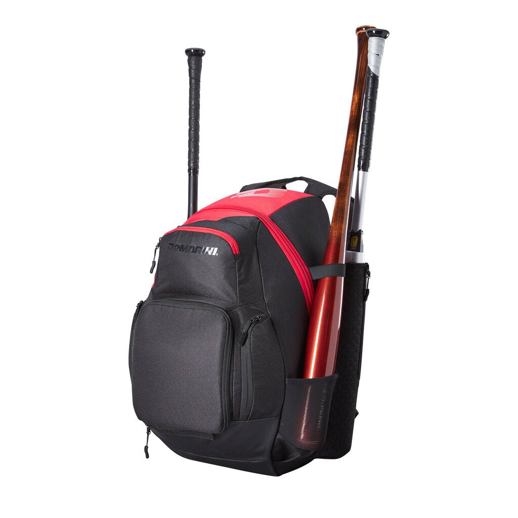 Red and black backpack bat bag with bat sleeves and side strap handles