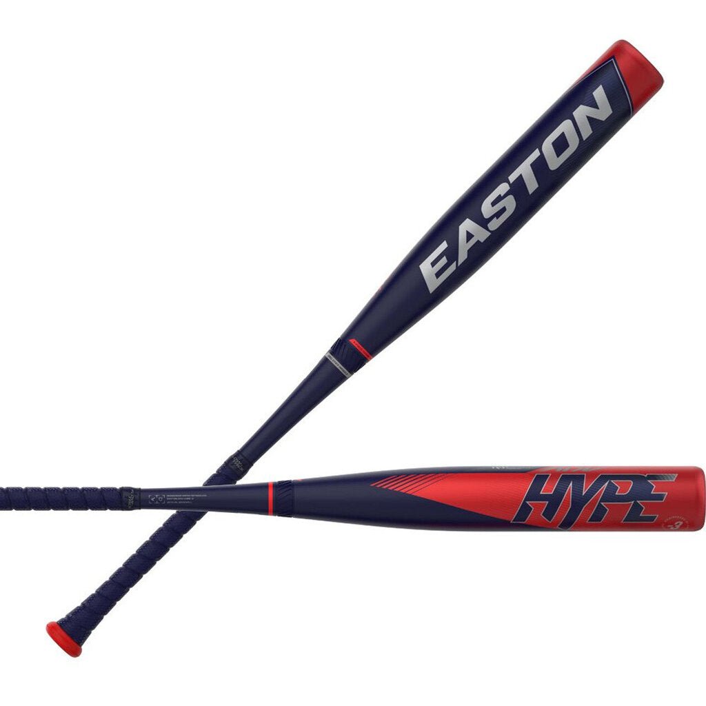 Baseball bat with dark blue barrel and red end cap, Hype branding, extended grip