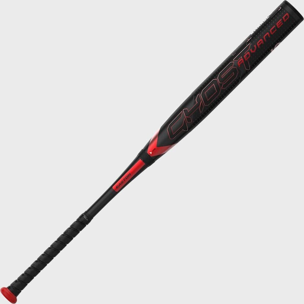 Black -10 fastpitch softball bat with red accent graphic and textured handle