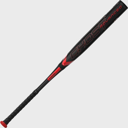 Black -10 fastpitch softball bat with red accent graphic and textured handle
